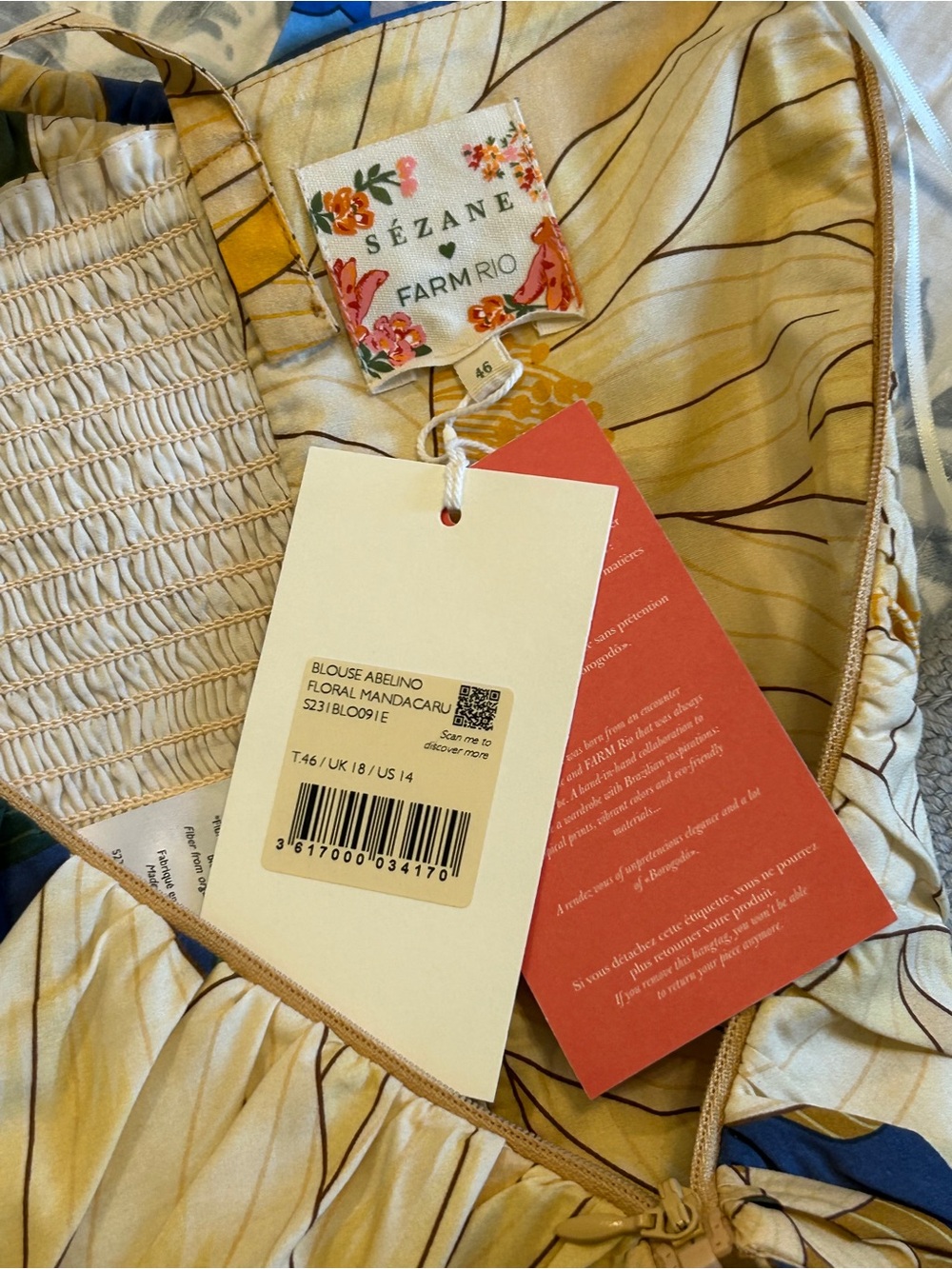 Sezane Farm Rio NWT SZ 14 Abelino Blue & Cream Floral Ruched Camisole Sale Price - Picture 11 of 13